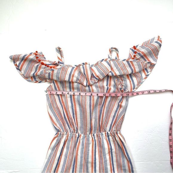 Moon River Ruffle Coral Stripe Cold Shoulder Pom Pom Vacation Romper Size Small - Picture 11 of 12